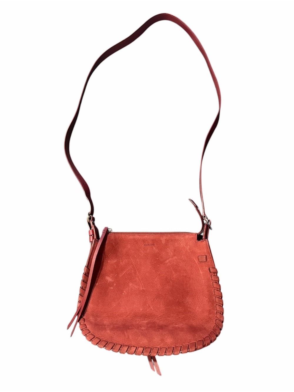 AllSaints Mori Whipstitch Suede Crossbody Bag in Red
